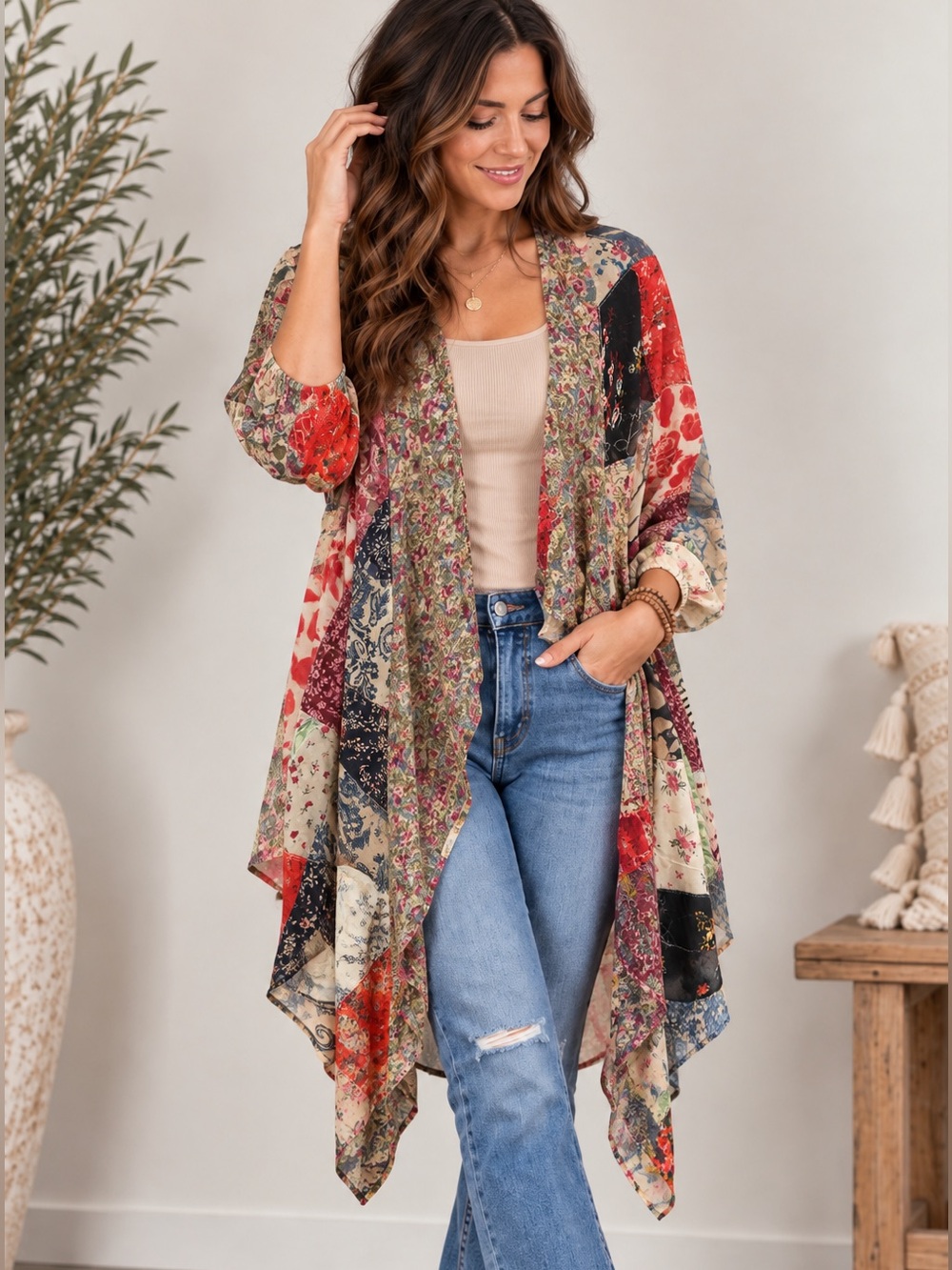 496. Women's Boho Cream Patchwork Kimono